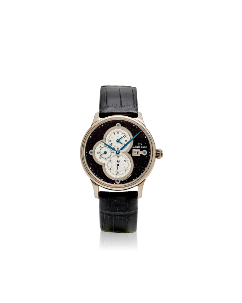 JAQUET DROZ. A LIMITED EDITION 18K WHITE GOLD AUTOMATIC CALENDAR WRISTWATCH WITH DUAL TIME ZONE