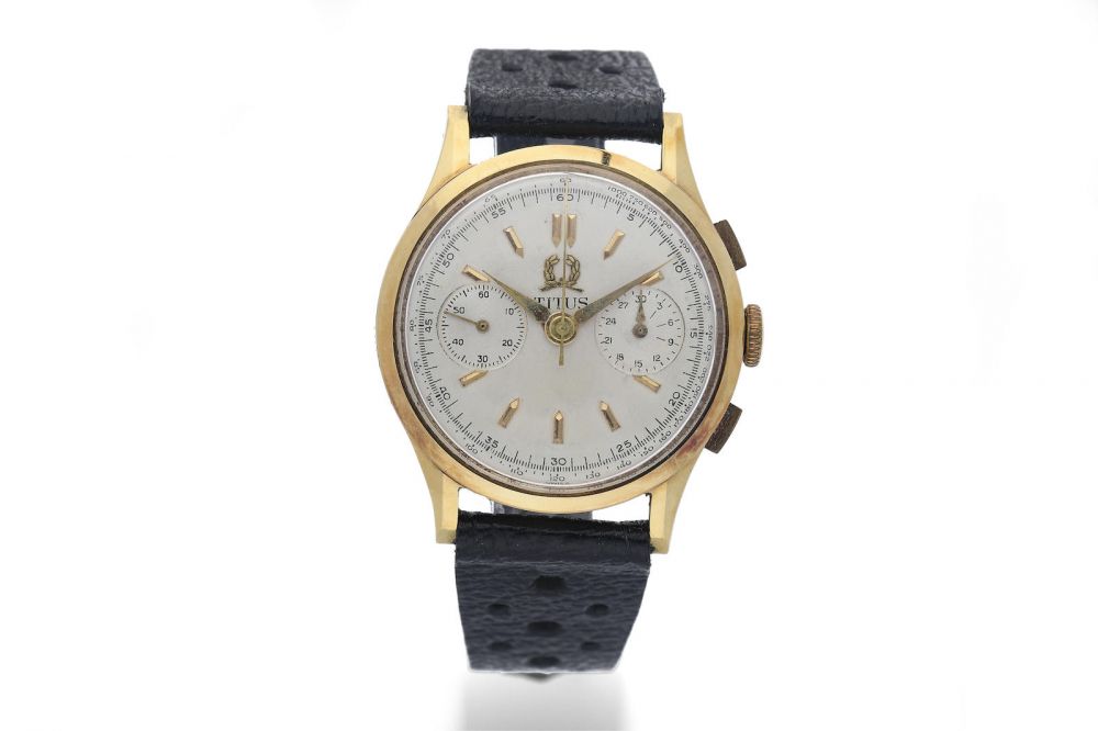 Titus. A Yellow Gold Manual Wind Chronograph Wristwatch