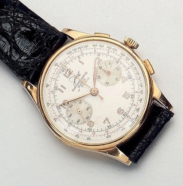 Javil. A Swiss 18ct gold two button chronograph