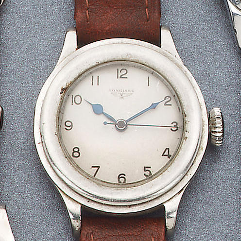 Longines. A steel Air Ministry wristwatch together with two Air Ministry stop watches and a compass