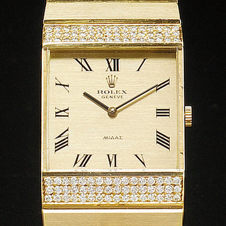 Rolex. A fine gents square 18ct gold and diamond set bracelet watch