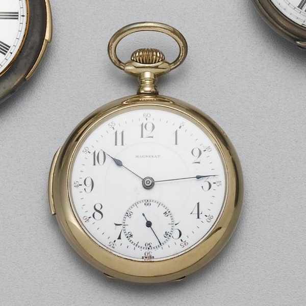 Magnanet. A gilt metal open faced quarter repeating pocket watch
