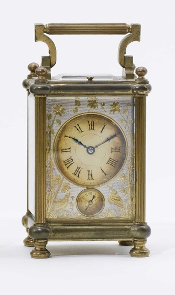 A late 19th century French lacquered brass carriage clock with repeat and alarm