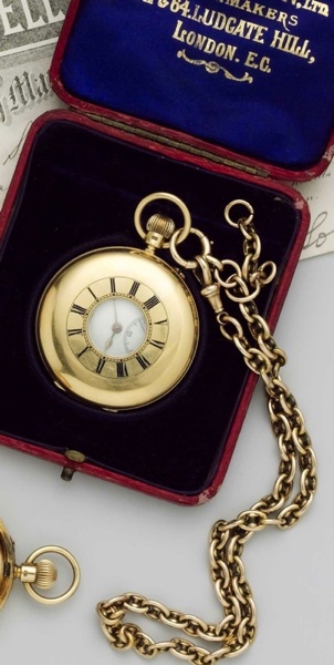 J W Benson. An 18ct gold half hunter pocket watch with 18ct gold curb link chain