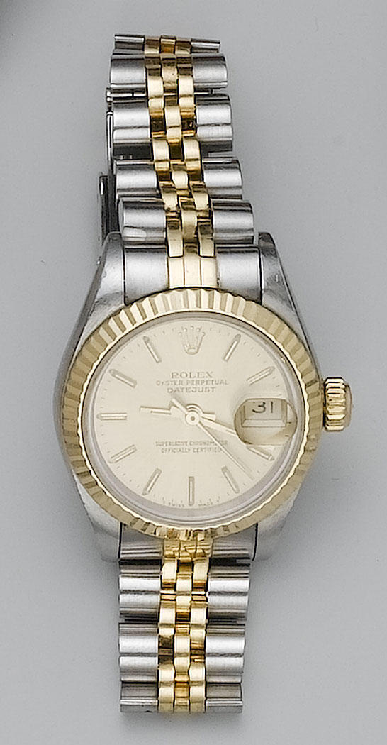 Rolex. A lady's steel and 18ct gold automatic calendar bracelet watch