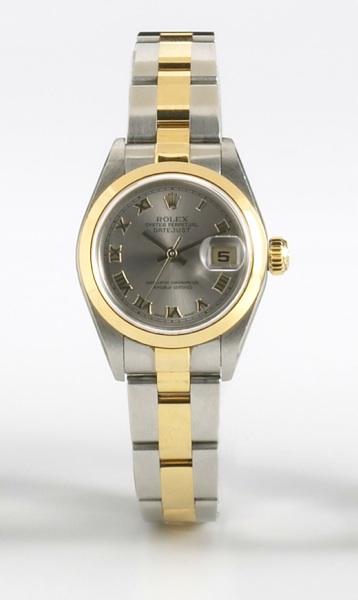 Rolex. A lady's steel and gold self-winding bracelet watch with calendar