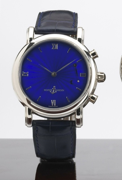 Ulysse Nardin. A fine and rare platinum self-winding hour striking wristwatch with enamel dial