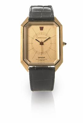 Omega. A fine and unusual 18k gold rectangular quartz wristwatch