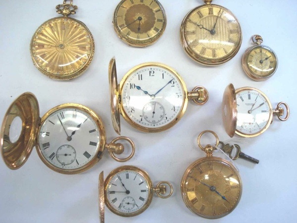 A lot of 7 various 18ct gold pocket watches, a 14ct gold full hunter pocket watch and a gold plated fob watch