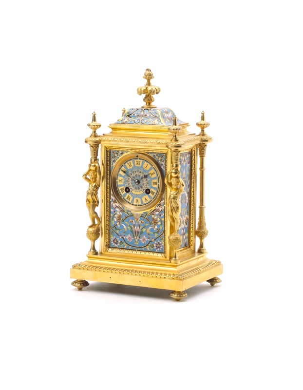 A late 19th century French champleve enamelled ormolu mantel clock