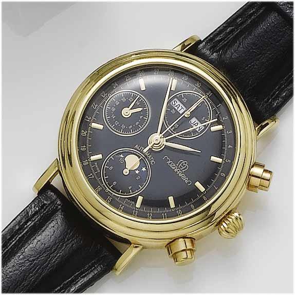 Mozafarian. An 18ct gold automatic day-date chronograph wristwatch with lunar and 24hr indicators