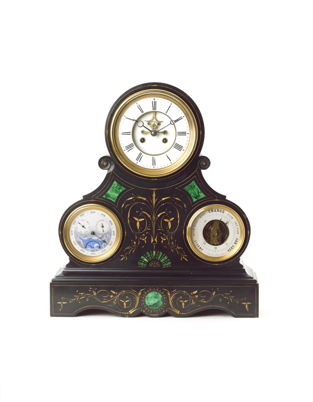 A large late 19th century French malachite-inlaid and gilt heightened polished stone mantel clock with calendar and barometer