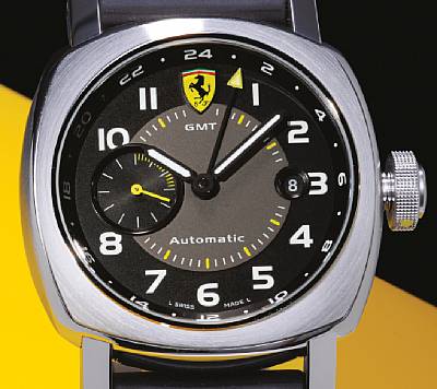 Ferrari by Officine Panerai. A fine large cushion shaped stainless steel automatic wristwatch with GMT and Date