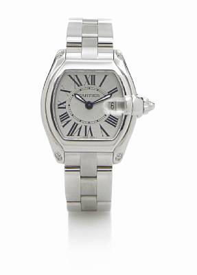 Cartier. A mid-size tonneau-shape stainless steel quartz calendar bracelet watch