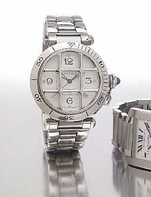 Cartier. A stainless steel self-winding calendar bracelet watch with grill cover