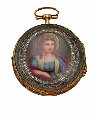Jaques Coulin Amy Bry, Geneve. A gold, enamel and paste set triple case key-wind pocket watch with verge escapement