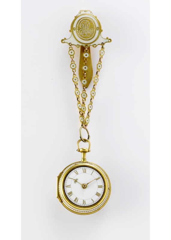 Benjamin Steele. A fine and very rare early 18th century 22ct gold and enamel pair cased repeating pocket watch with matching chatelaine