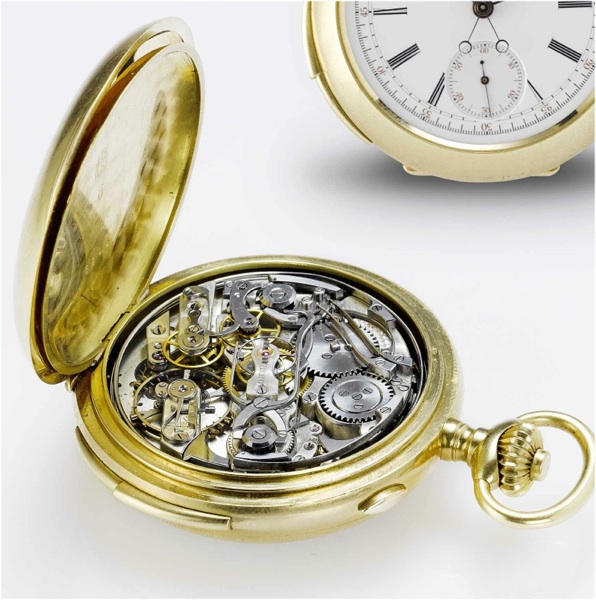 Baud. A very fine and rare early 20th century 18ct gold open face minute repeating split second pocket watch