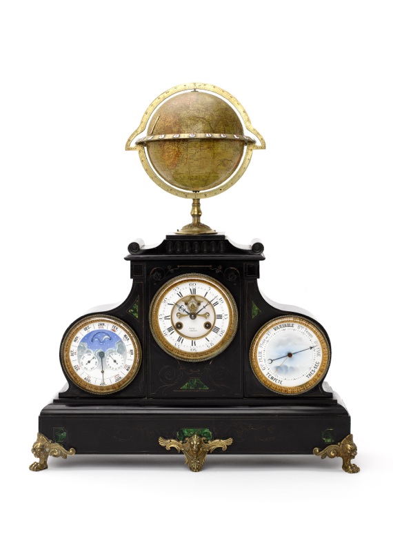 A late 19th century French malachite inlaid slate clock with globe surmount