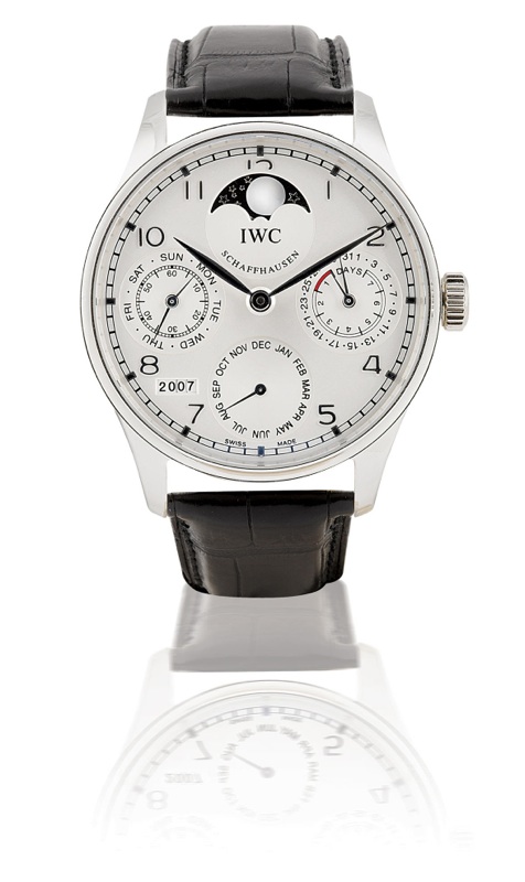 IWC. A fine and rare Platinum automatic wristwatch with perpetual calendar 7 days power reserve and moon phase