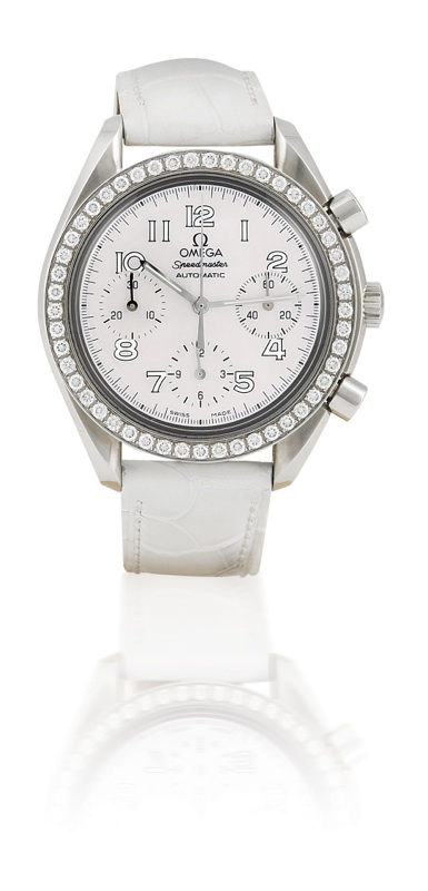 Omega. A fine stainless steel automatic chronograph with diamond bezel