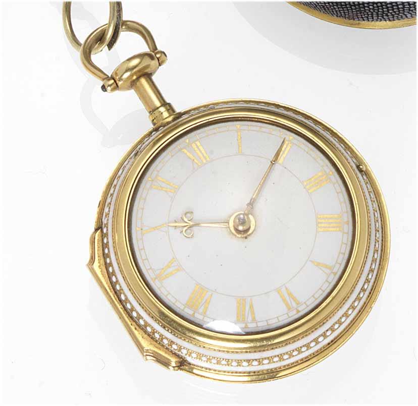 Benjamin Steele. A fine and very rare early 18th century 22ct gold and enamel pair cased repeating pocket watch with matching chatelaine