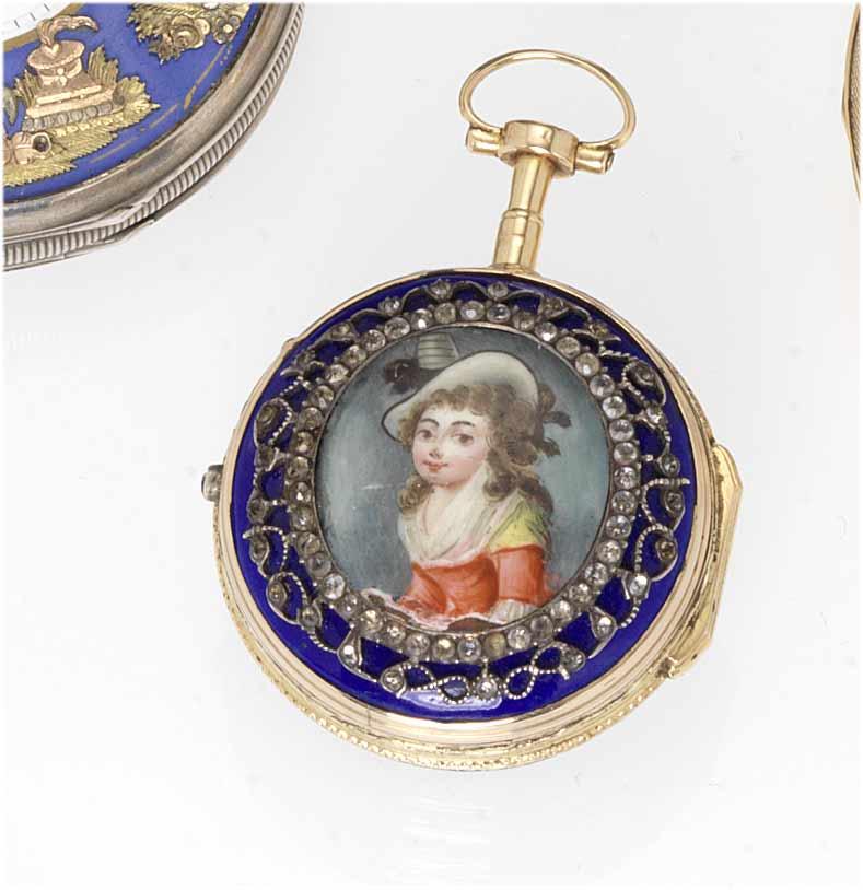Jaques Coulin Amy Bry. A late 18th century gold and enamel decorated pair cased pocket watch