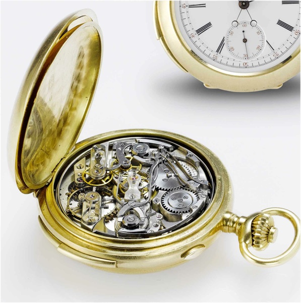 Baud. A very fine and rare early 20th century 18ct gold open face minute repeating split second pocket watch