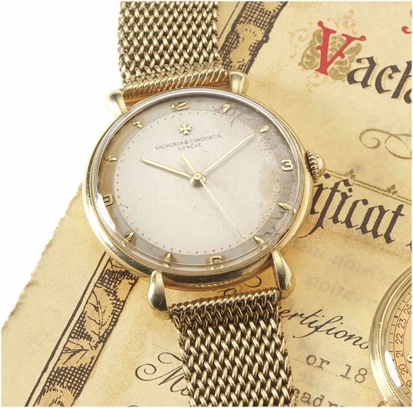 Vacheron Constantin. A fine and rare 18ct gold centre seconds bracelet watch with original box and papers