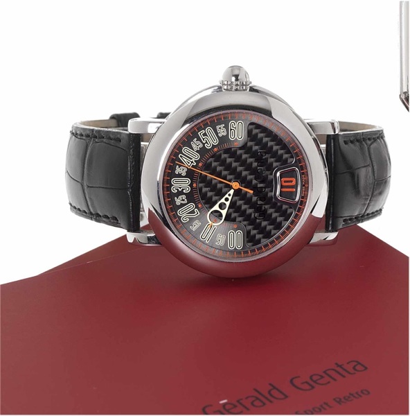 Gerard Genta. A fine and rare stainless steel automatic centre seconds jump hour with retrograde minutes wristwatch together with papers