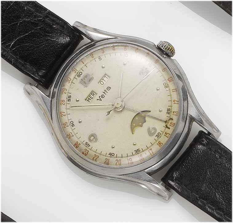 Vetta. A stainless steel triple calendar wristwatch with moon phases