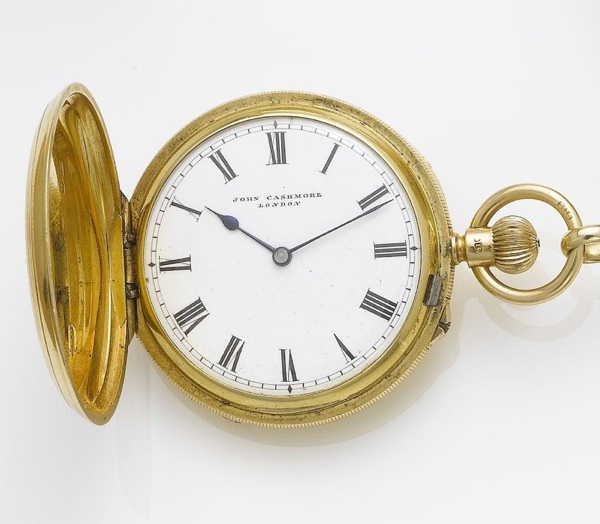 John Cashmore, London. An 18ct gold full hunter pocket watch with a continental gold chain