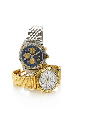 Breitling. A stainless steel and gold automatic calendar chronograph bracelet watch