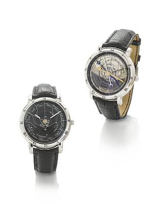 Ulysse Nardin. A very fine and rare complete series of three platinum astronomical wristwatches made up of the Astrolabium Galileo Galilei, the Planetarium Copernicus, and the Tellurium Johannes Kepler in custom winding box