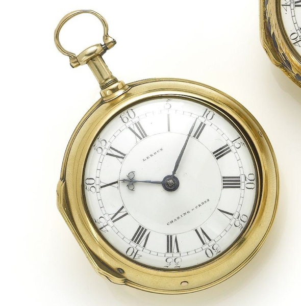 John Leroux. A fine and rare late 18th century 22ct gold pair case 1/4 repeating cylinder pocket watch