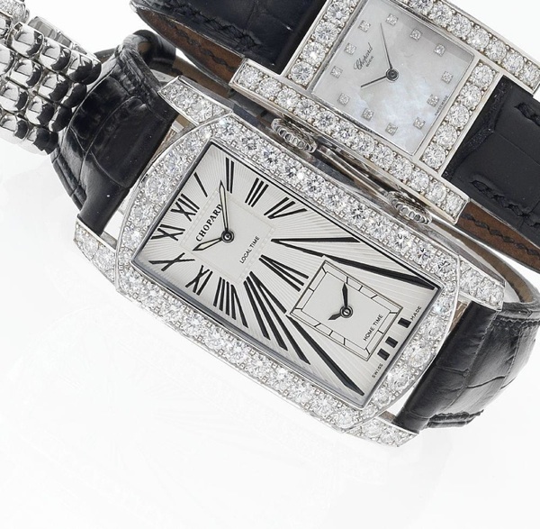 Chopard. A fine lady's 18ct white gold diamond set rectangular dual time wristwatch