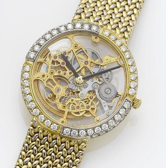 Teriet. An 18ct gold diamond set skeletonised bracelet watch
