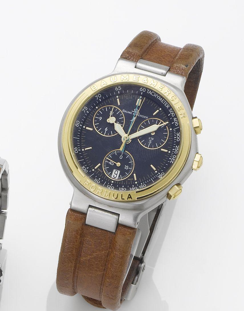 Baume Mercier. A stainless steel and gold calendar split second chronograph wristwatch together with fitted box and papers
