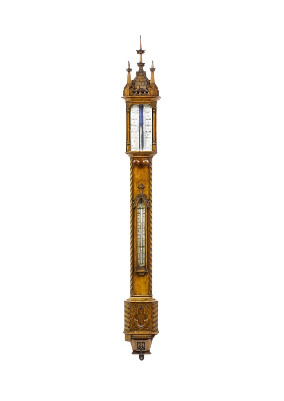 A late 19th Century Gothic style oak stick barometer