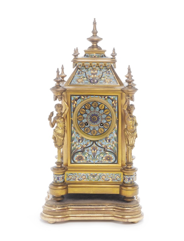 A mid to late 19th century French champleve enamel and ormolu mantel clock