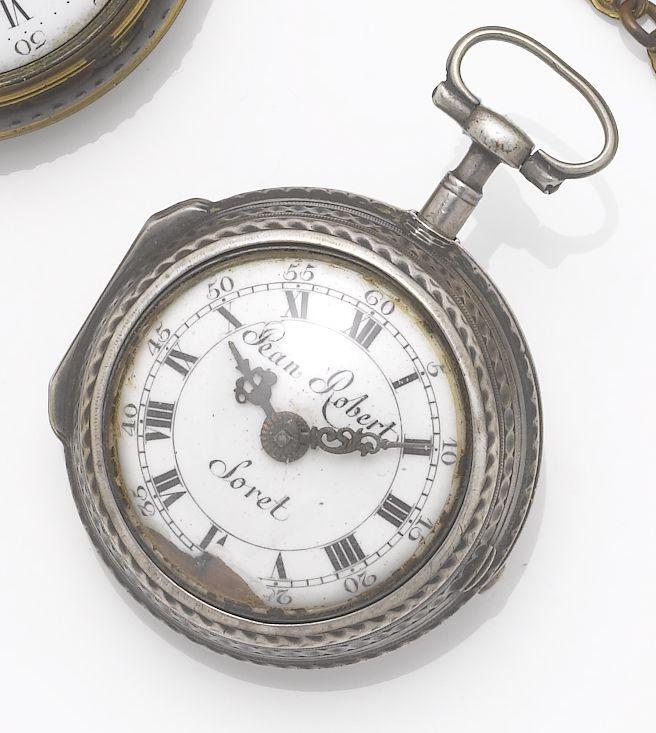 Jean Robert Soret. An early 18th century silver pair case pocket watch
