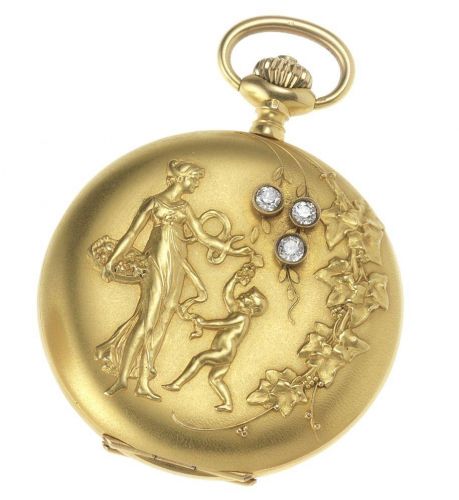 Invar. An early 20th century 18ct gold diamond set full hunter pocket watch