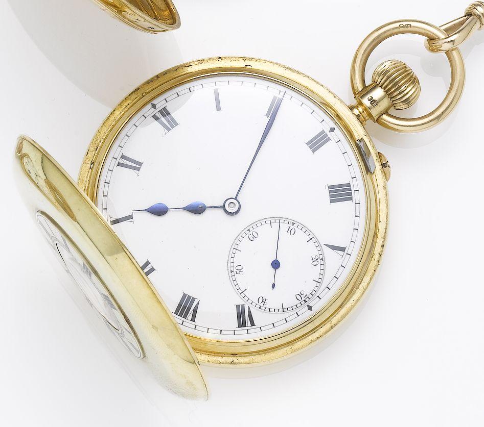 Manoah Rhodes Sons. A late 19th century 18ct gold half hunter pocket watch together with a gold fetter link chain, winding tool and propelling pencil