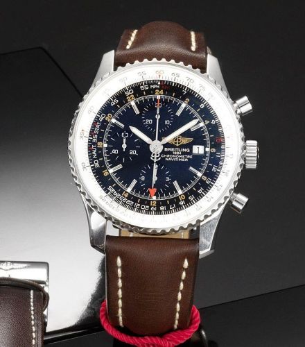 Breitling. A fine stainless steel automatic chronograph calendar twin time zone wristwatch together with fitted box and papers