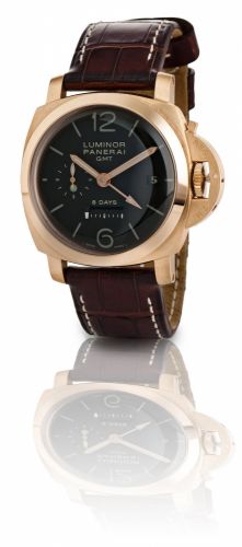 Officine Panerai. A fine and rare 18ct rose gold manual wind limited edition two time zone wristwatch with 8 day power reserve