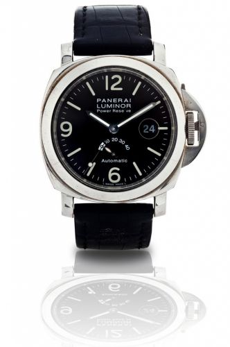 Officine Panerai. A fine limited edition stainless steel automatic power reserve calendar wristwatch