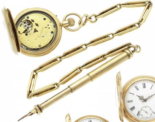 John Cashmore. A fine late 19th century 18ct gold quarter repeating full hunter pocket watch together with 18ct gold link chain and bloodstone set fountain pen signed S. Mordan Co