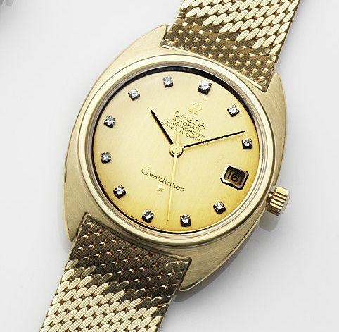 Omega. An 18ct gold and diamond set automatic calendar bracelet watch Constellation, Ref:168.009, Movement No.24504378, London Hallmark for 1967
