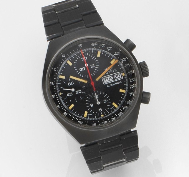 Royce. A black PVD coated automatic calendar chronograph bracelet watch Ref:1020, Circa 1985