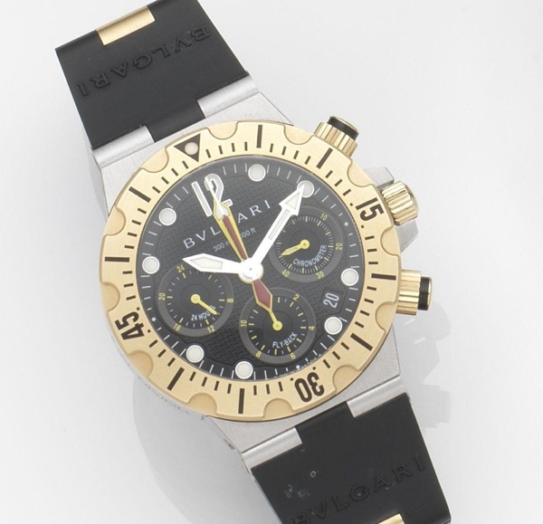Bulgari. A stainless steel and 18ct gold automatic chronograph calendar wristwatch with papers Diagono Professional Scuba Chrono Fly-Back, Ref:SC 40 SG, Case No.D0051, Circa 2007